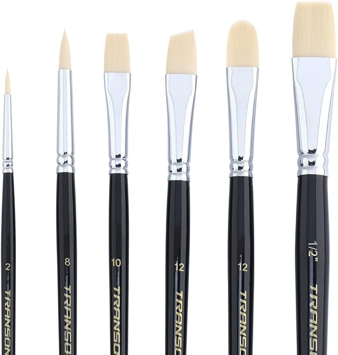 Transon Paint Brush Set 6pcs Art Painting Flexible Bristle for Acrylic Watercolor Gouache Oil Leather Canvas and Face Painting