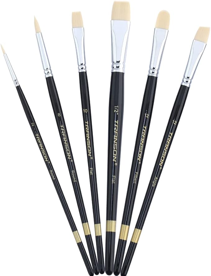 Transon Paint Brush Set 6pcs Art Painting Flexible Bristle for Acrylic Watercolor Gouache Oil Leather Canvas and Face Painting