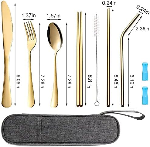 Travel Utensils Set with Case Reusable Portable Cutlery Set Stainless Steel 8pcs Including Dinner Knife Fork Spoon Chopsticks straws(Gold)