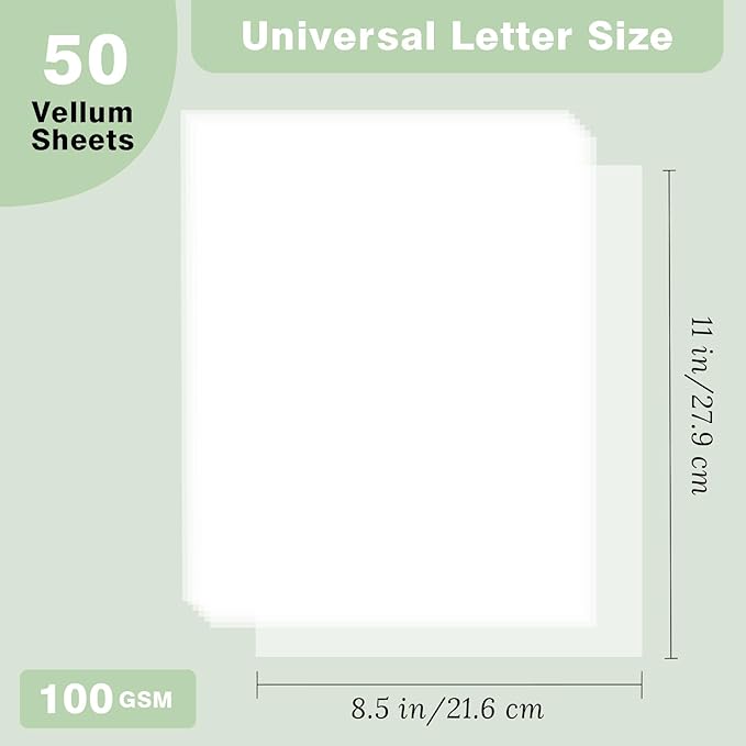 JAGERGREEN Vellum Paper 8.5 x 11 Inches 100GSM 50 Sheets, Thick Translucent Printable Vellum Paper for Invitations, Belly Bands, Tracing, Sketching