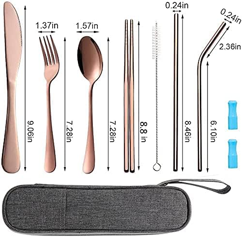 Travel Utensils Set with Case Reusable Portable Cutlery Set Stainless Steel 8pcs Including Dinner Knife Fork Spoon Chopsticks straws(Rose Gold)