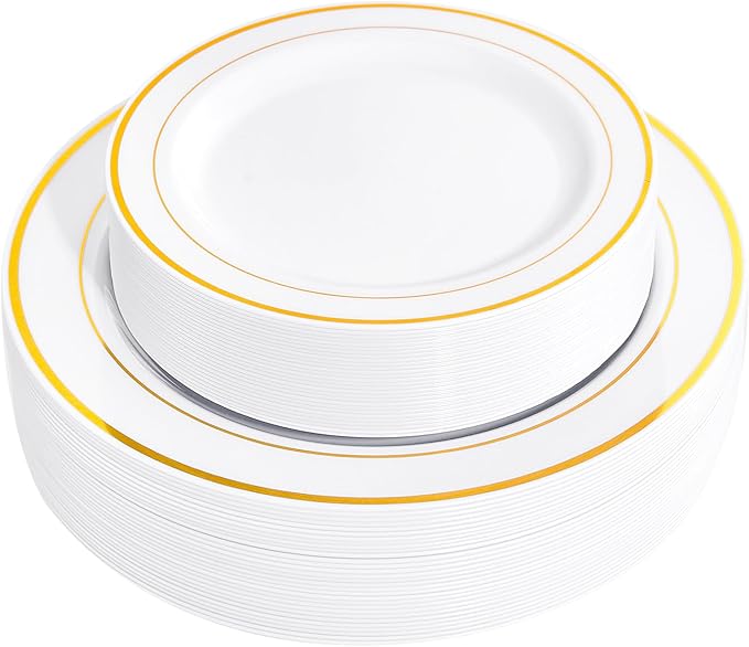 FLOWERCAT 60PCS Gold Plastic Plates - Heavy Duty White and Gold Plastic Plates Disposable for New Year/Thanksgiving Party/Wedding - Include 30PCS 10.25" Dinner Plates and 30PCS 7.5" Dessert Plates