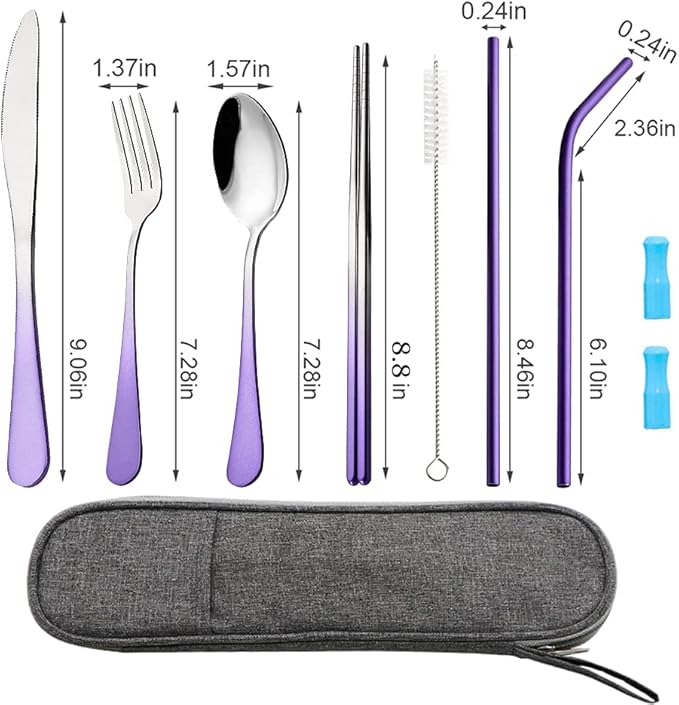 Travel Utensils Set with Case Reusable Portable Cutlery Set Stainless Steel 8pcs Including Dinner Knife Fork Spoon Chopsticks straws (Gradient Purple)
