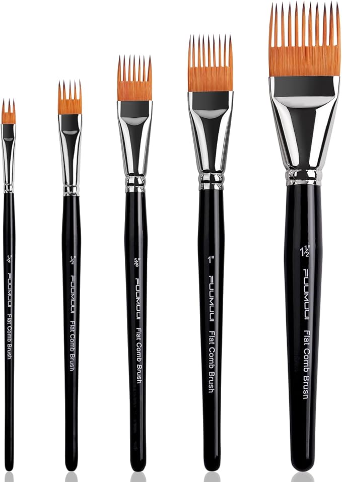 Fuumuui Grainer Brush Set–5pcs Professional Flat Comb Brushes for Unique Texture Painting Perfect for Artists Acrylic, Watercolor and Oil