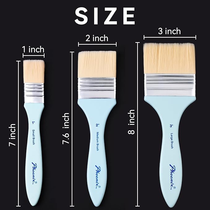 PHOENIX Flat Paint Brush Set - 3 Sizes Nylon Large Paint Brushes for Acrylic Painting, Gouache, Wood Furniture, Gesso, Varnishes & Wall