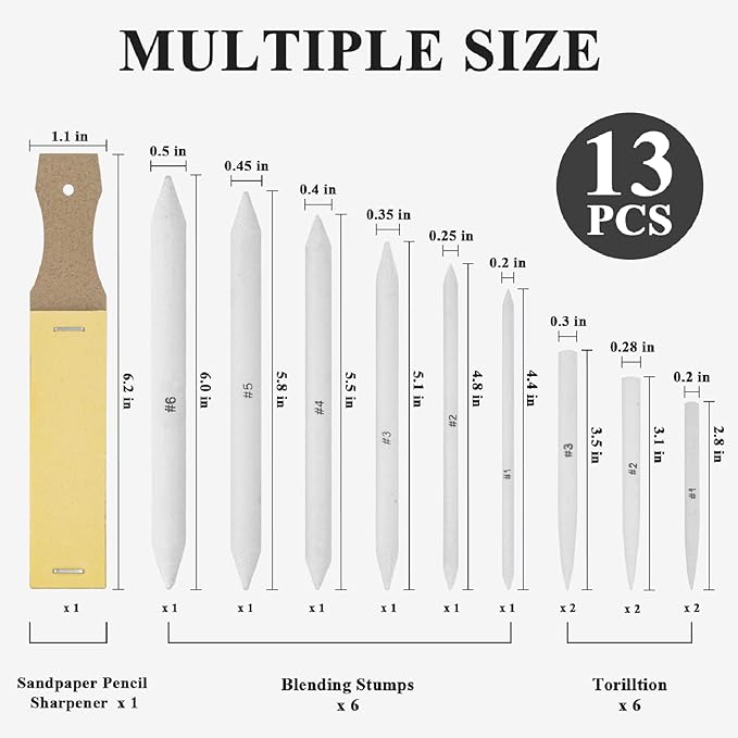Aenir Blending Stumps for Drawing, Tortillons Blending Stumps Set of 13 Pack with Sandpaper Pencil Sharpener, Paper Art Blenders Tools for Charcoal, Graphite, Drawing Tools for Artists. (13)