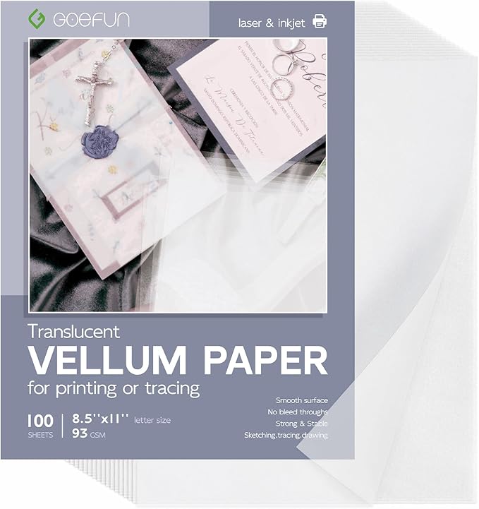 Translucent Vellum Paper 8.5 x 11, Goefun 100 Sheets Vellum Tracing Paper Printable for Invitations, Card Overlays, Belly Bands, DIYs, Sketching, Drawing