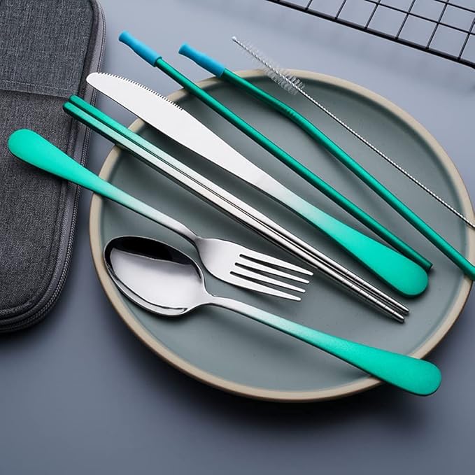 Travel Utensils Set with Case Reusable Portable Cutlery Set Stainless Steel 8pcs Including Dinner Knife Fork Spoon Chopsticks straws(Gradient Green)