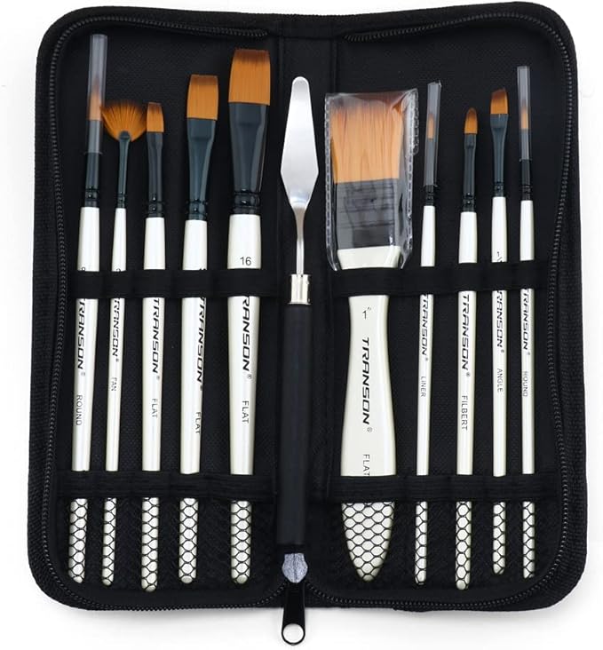 Transon Paint Brush Kit 10pcs Art Brushes and 1 Paint Spatula with Brush Case