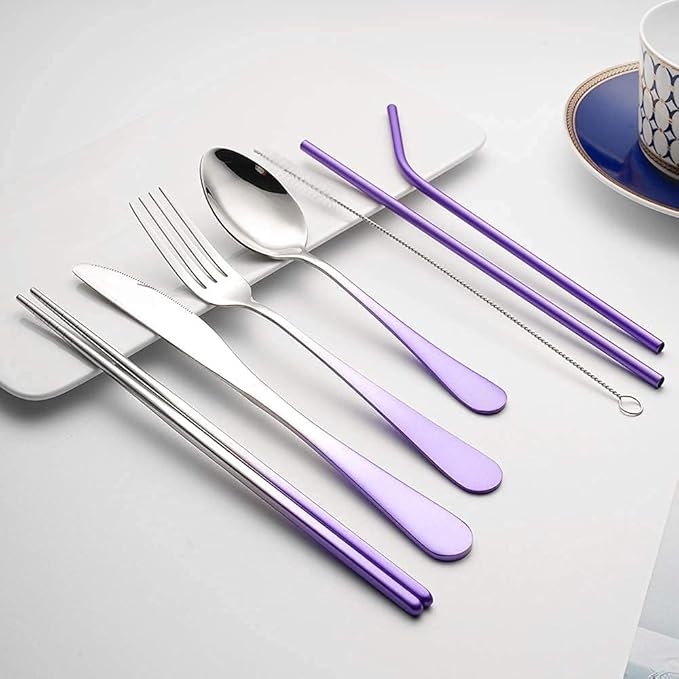 Travel Utensils Set with Case Reusable Portable Cutlery Set Stainless Steel 8pcs Including Dinner Knife Fork Spoon Chopsticks straws (Gradient Purple)