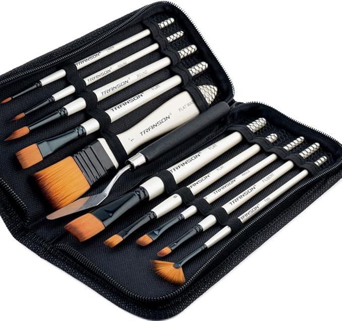 Transon Paint Brush Kit 10pcs Art Brushes and 1 Paint Spatula with Brush Case