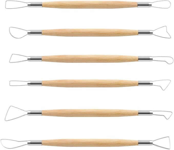Suiwotin 6pcs Double-Sided Clay Sculpting Tools, Wooden Handle Ribbon Clay Tools, Pottery Trimming Tool, Clay Wire Loop Sculpture Set for Ceramic, Wax Carving Modeling