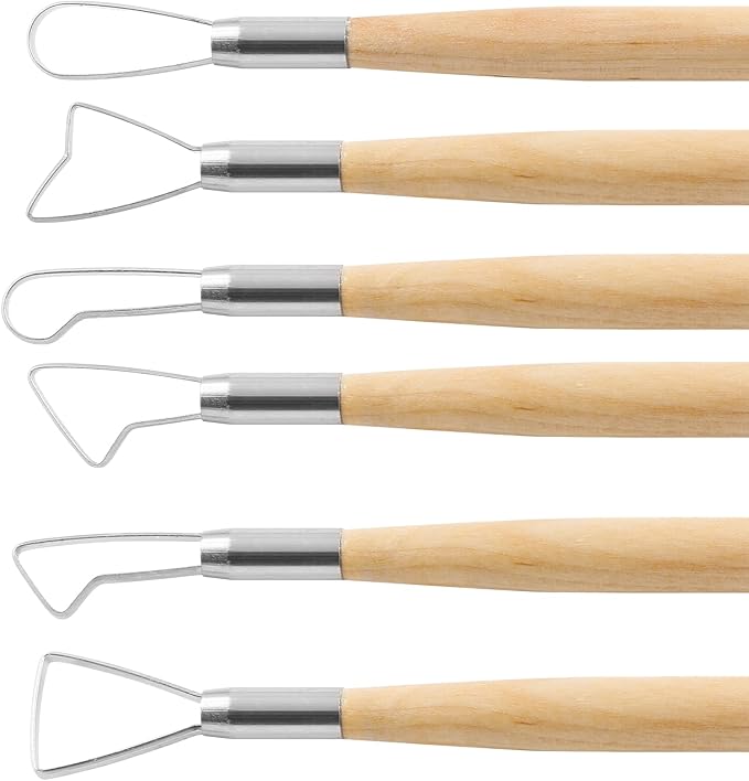 Suiwotin 6pcs Double-Sided Clay Sculpting Tools, Wooden Handle Ribbon Clay Tools, Pottery Trimming Tool, Clay Wire Loop Sculpture Set for Ceramic, Wax Carving Modeling