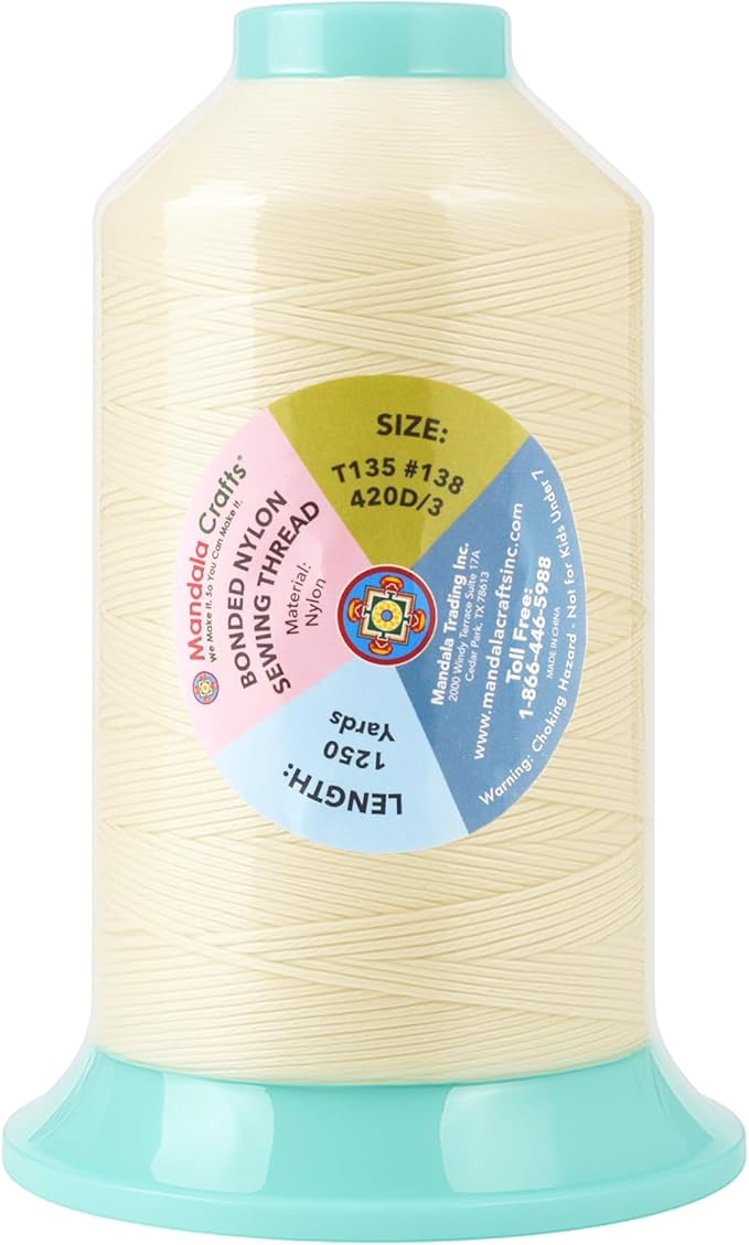 Mandala Crafts Size 138 420D T135 Bonded Nylon Thread Ivory Heavy Duty Sewing Threads - 1250 YDs Tex 135 Thread for Leather, Jeans, Weaving, Outdoor Marine Upholstery Threads