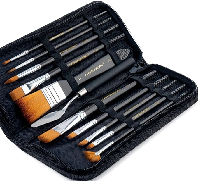 Transon Paint Brush Kit 10pcs Art Brushes and 1 Paint Spatula with Brush Case