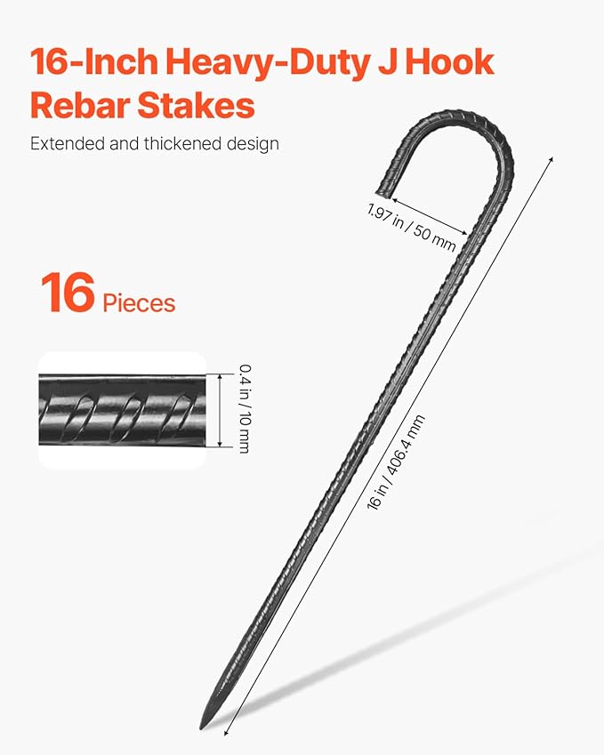 VEVOR Rebar Stakes, 16-Inch, Heavy-Duty 0.4 in Diameter J Hook, Galvanized Steel Ground Anchors with Chisel Point End & Rust-Resistant Coating, for Gardening Support, Fence, Camping Tents (16-Pack)