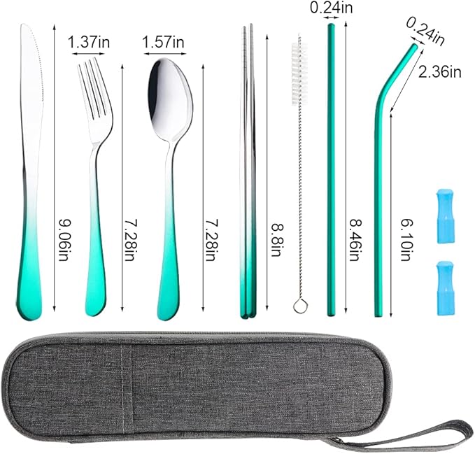 Travel Utensils Set with Case Reusable Portable Cutlery Set Stainless Steel 8pcs Including Dinner Knife Fork Spoon Chopsticks straws(Gradient Green)