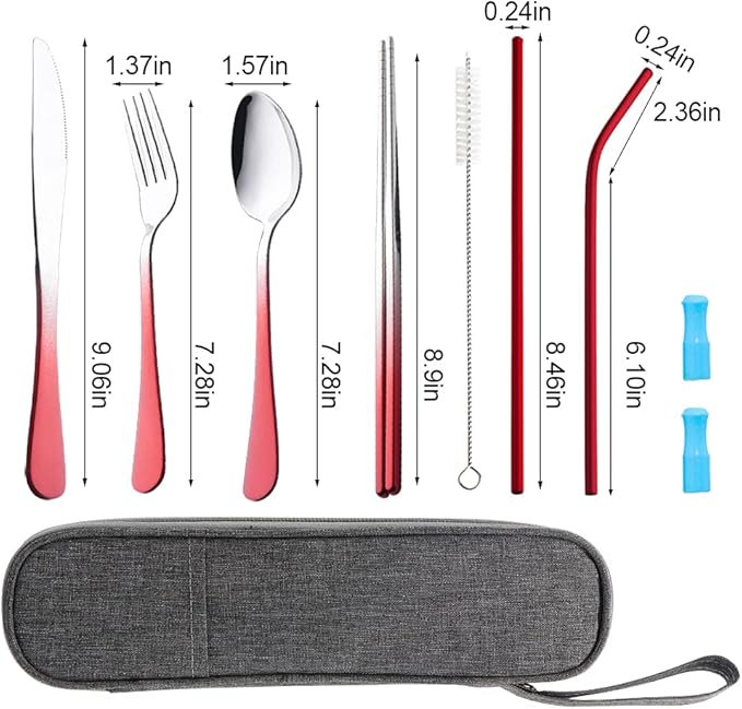 Travel Utensils Set with Case Reusable Portable Cutlery Set Stainless Steel 8pcs Including Dinner Knife Fork Spoon Chopsticks straws (Gradient Red)