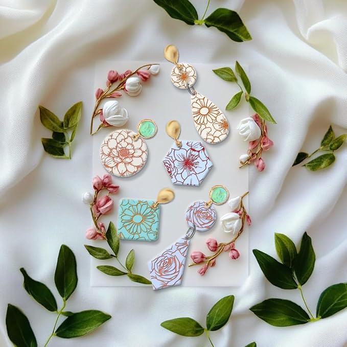 CHGCRAFT Flowers Polymer Clay Texture Sheets Rose Daisy Silicone Texture Stamp Lilies Cherry Blossom Clay Modeling Pattern Pad Texture Sheets for Polymer Clay Making Earrings Jewelry