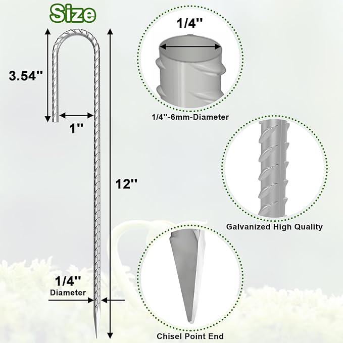 VVOKGO Rebar-Stakes-12-Inch J Hook Galvanized Tent Stakes Heavy Duty, 20-Pack Ground Chain Link Fence Anchors with Chisel Point End for Bounce House, Camping Tents, Outdoor Inflatables Decorations