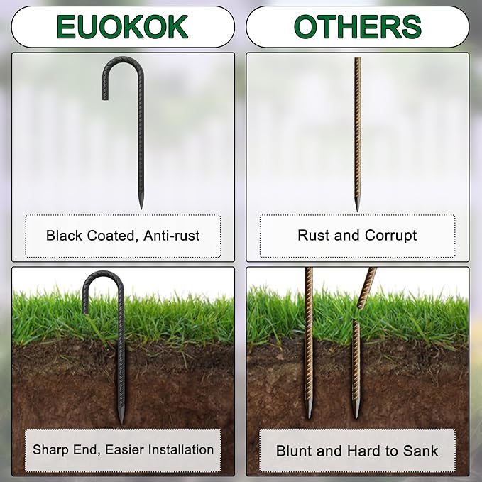 J Hook Rebar Stakes 36 Inch 3/8 Inch Diameter Steel Tent Stakes Heavy Duty Chain Link Fence Stakes Trampoline Stakes with Chisel Point End Metal Stakes for Ground, Canopy Swing Set, Black (16 Pcs)