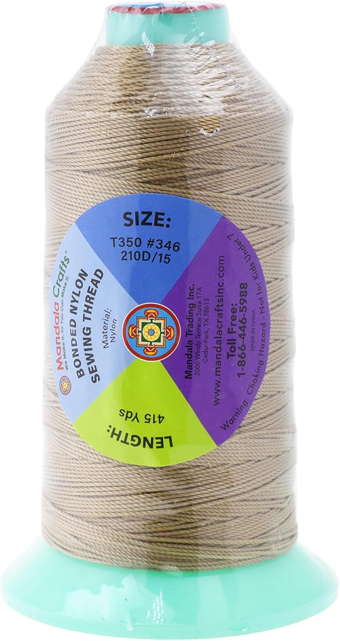 Mandala Crafts Bonded Nylon Thread Khaki Heavy Duty Sewing Threads - 415 YDs Size 346 210D T350 Tex 350 Thread for Leather Jeans Weaving Outdoor Marine Upholstery Threads