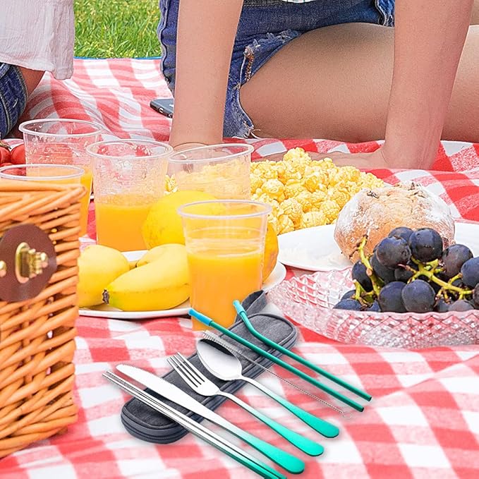 Travel Utensils Set with Case Reusable Portable Cutlery Set Stainless Steel 8pcs Including Dinner Knife Fork Spoon Chopsticks straws(Gradient Green)