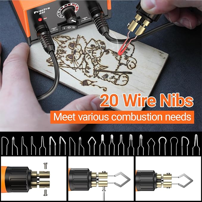 Preciva 935 Dual Handle Wood Burning Kit - Professional Pyrography Tool with 20 Wire Nibs & Pen Holder | Adjustable Temp 482~1382℉ | for Wood Burning, Leather Craft, Art Designs