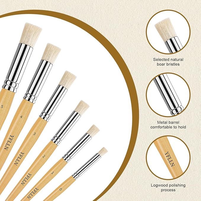 Wooden Stencil Brushes Natural Stencil Bristle Dome Art Painting Brushes Wood Paint Template Brush for Painting On Stencil Projects, Card Making, DIY, Crafts and Acrylic Oil Watercolor Painting(6pcs)
