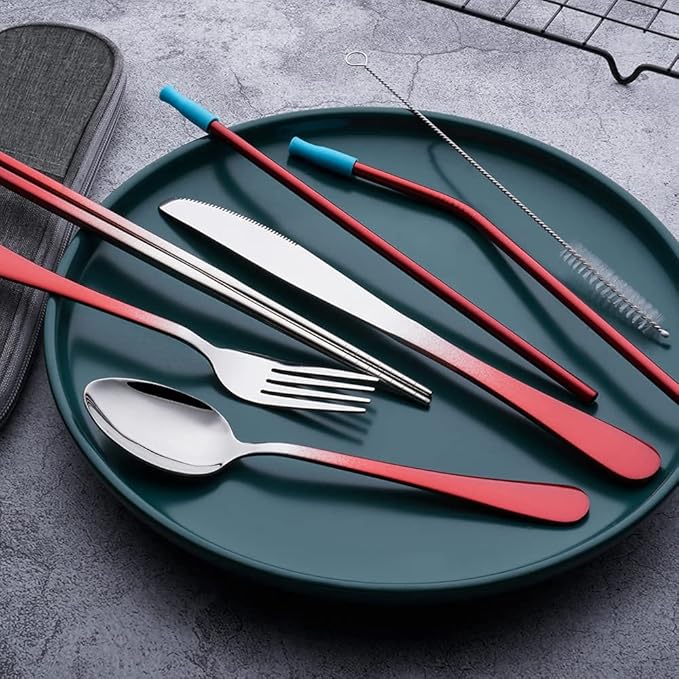 Travel Utensils Set with Case Reusable Portable Cutlery Set Stainless Steel 8pcs Including Dinner Knife Fork Spoon Chopsticks straws (Gradient Red)