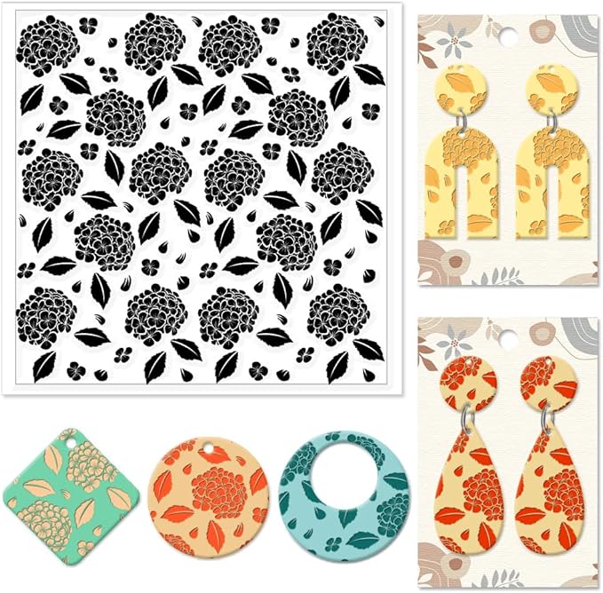 CHGCRAFT Hydrangea Texture Polymer Clay Texture Sheets Flowers Leaves Pattern Silicone Texture Stamp Clay Modeling Pattern Pad Texture Sheets for Polymer Clay Making Earrings Jewelry