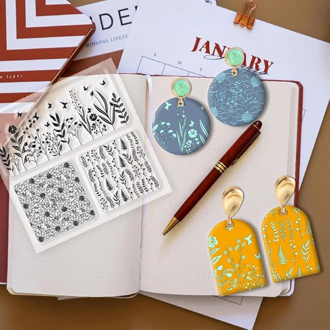 CHGCRAFT Polymer Clay Texture Sheet Leaves and Flowers Clay Texture Mat Floral Polymer Mats Earrings Tools for Jewelry Making DIY Crafts, 5.5x5.5inch