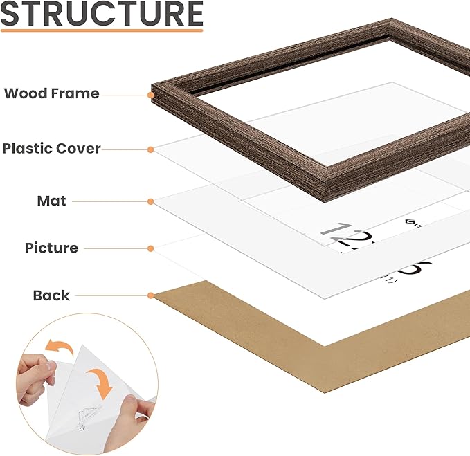upsimples 12x16 Picture Frame, Natural Solid Wood Picture Frames, Display 8.5x11 with Mat or 12 x 16 Without, Vertical & Horizontal Wall Hanging, 1 Pack, Brown