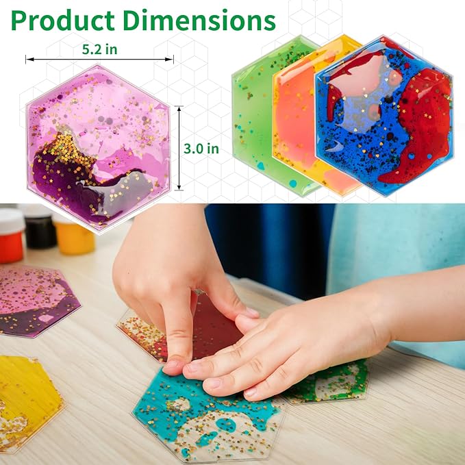 LONGKING 4-Pack Hexagon Liquid Tiles for Kids, Soft Gel Liquid Sensory Toys for Autistic Children, Sensory Mats, Sensory Toys for Toddlers 3-4