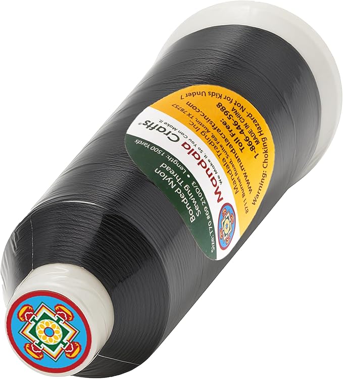Mandala Crafts Bonded Nylon Thread Black Heavy Duty Sewing Threads - 1500 YDs Size 69 210D T70 Tex 70 Thread for Leather Jeans Weaving Outdoor Marine Upholstery Threads