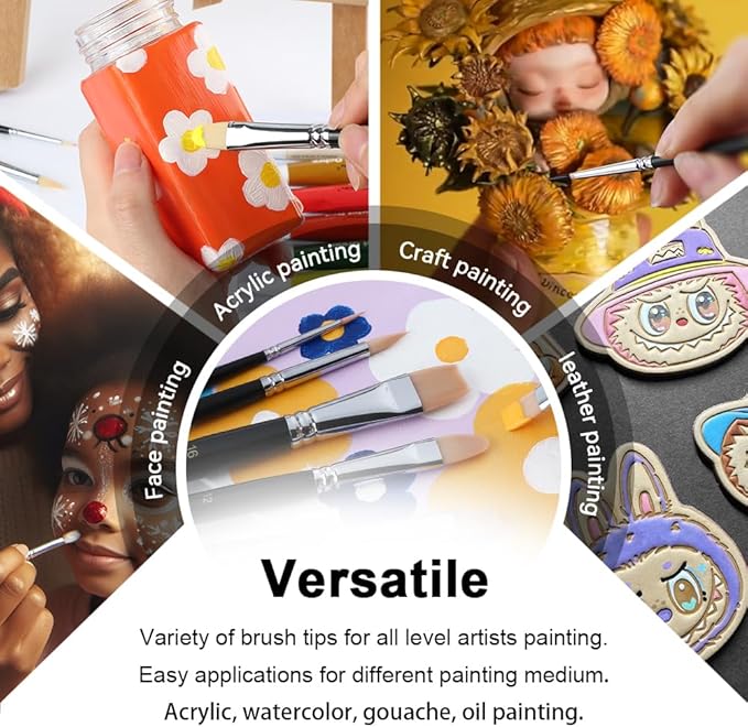 Transon Paint Brush Set 6pcs Art Painting Flexible Bristle for Acrylic Watercolor Gouache Oil Leather Canvas and Face Painting