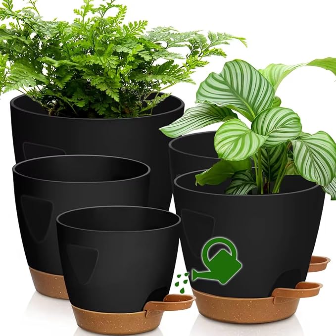 '- Uneed Plastic Flower Pot,5-Pack Plant Pots with Drainage 7/6.5/6/5.5/5 Inch,Self Watering Pots for Indoor Plants,Planters for Indoor Outdoor Plants (Black)