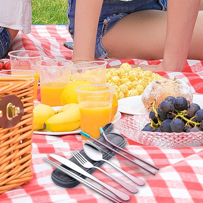 Travel Utensils Set with Case Reusable Portable Cutlery Set Stainless Steel 8pcs Including Dinner Knife Fork Spoon Chopsticks straws(Gradient Pink)