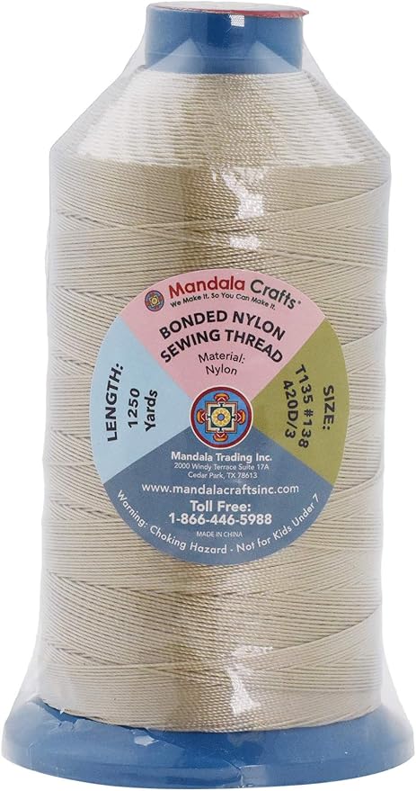 Mandala Crafts Bonded Nylon Thread Khaki Heavy Duty Sewing Threads - 1250 YDs Size 138 420D T135 Tex 135 Thread for Leather Jeans Weaving Outdoor Marine Upholstery Threads
