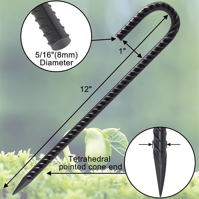 VVOKGO Rebar Stakes 12 Inches J Hook Heavy Duty Chain Link Fence Stakes, 8 Pcs Metal Long Tent Spikes Ground Anchors for Wire Fencing, Dogs Digging, Camping Tents, Swings, Greenhouse, Black