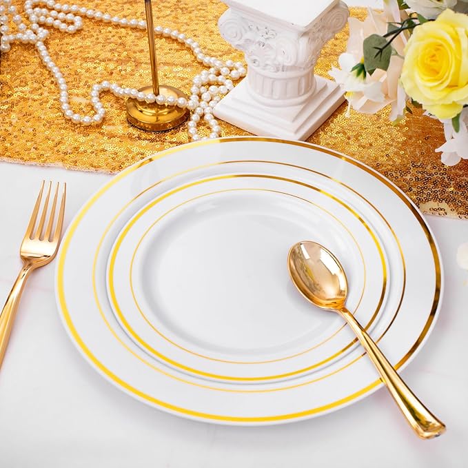 FLOWERCAT 60PCS Gold Plastic Plates - Heavy Duty White and Gold Plastic Plates Disposable for New Year/Thanksgiving Party/Wedding - Include 30PCS 10.25" Dinner Plates and 30PCS 7.5" Dessert Plates