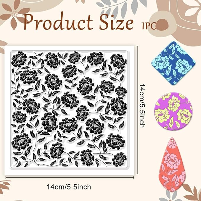 CHGCRAFT Peony Polymer Clay Texture Sheets Peony Silicone Clay Texture Stamp Clay Modeling Pattern Pad Texture Sheets for Earrings Jewelry Making