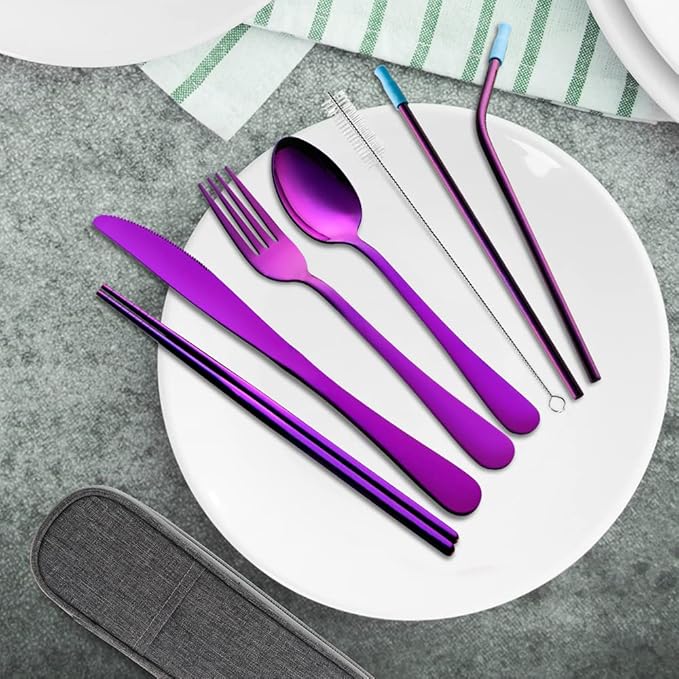 Travel Utensils Set with Case Reusable Portable Cutlery Set Stainless Steel 8pcs Including Dinner Knife Fork Spoon Chopsticks straws (Purple)