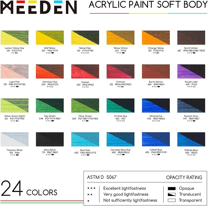 MEEDEN Soft Body Acrylic Paints Set: Matte Finish 24 Colors x 60ml/2oz Fluid Acrylic Paints for Art Painting on Canvas Wood & Glass for Students Adults Artists