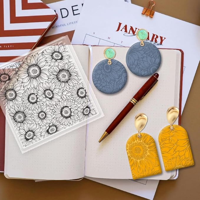 CHGCRAFT Polymer Clay Texture Sheet Sunflower Silicone Texture Stamp Polymer Clay Modeling Pattern Pad for Jewelry Earring Making DIY Craft, 5.5x5.5inch