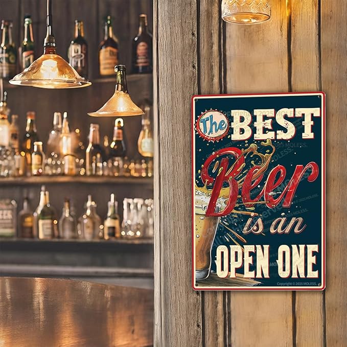 "The Best Beer is an Open One" Funny Bar Sign or Man Cave Decor | 12x8″ Durable Vintage Metal Beer Signs Wall Decorations for Home Bar/Basement/Garage/Mancave, 2347