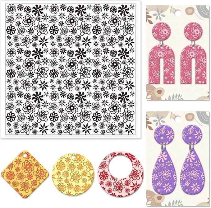 CHGCRAFT Plum Blossoms Polymer Clay Texture Sheets Art Rotation Flowers Silicone Texture Stamp Clay Texture Mat Modeling Pattern Pad Texture Sheets for Jewelry and Clay Earrings Tools