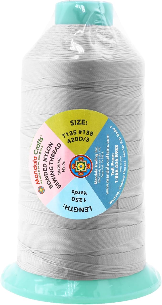 Mandala Crafts Bonded Nylon Thread Silver Heavy Duty Sewing Threads - 1250 YDs Size 138 420D T135 Tex 135 Thread for Leather Jeans Weaving Outdoor Marine Upholstery Threads