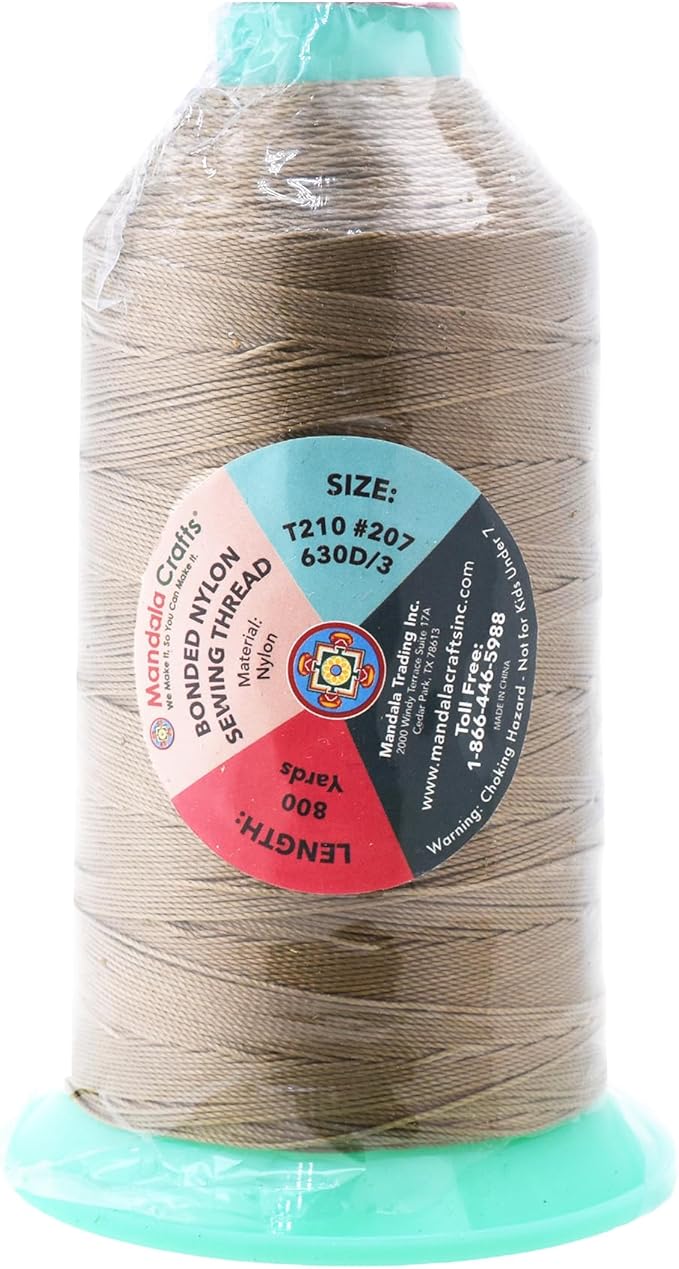 Mandala Crafts Bonded Nylon Thread Khaki Heavy Duty Sewing Threads - 800 YDs Size 207 630D T210 Tex 210 Thread for Leather Jeans Weaving Outdoor Marine Upholstery Threads