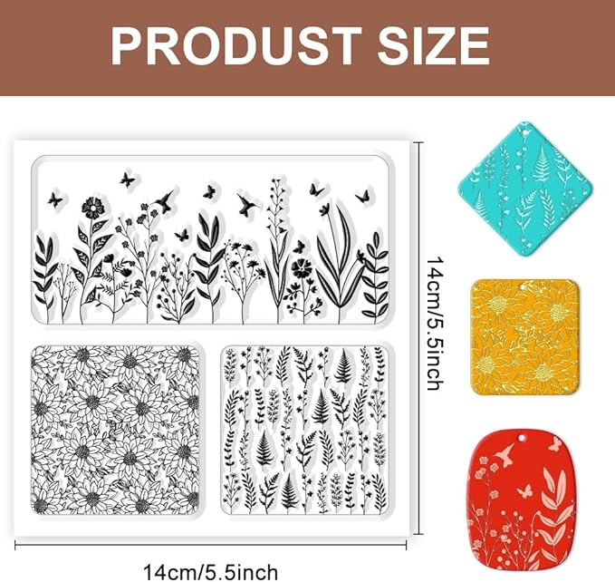 CHGCRAFT Polymer Clay Texture Sheet Leaves and Flowers Clay Texture Mat Floral Polymer Mats Earrings Tools for Jewelry Making DIY Crafts, 5.5x5.5inch